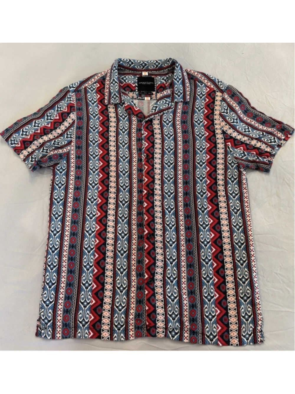 Denim Flower Ricky Singh Button Up Shirt Large Mens Geometric Pattern Blue Red